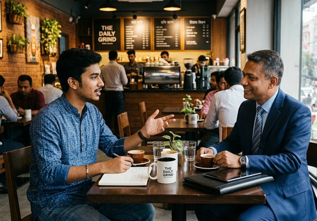 Young professional meeting a senior over coffee