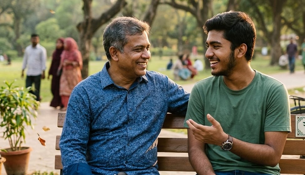 Father and son talking on a park bench