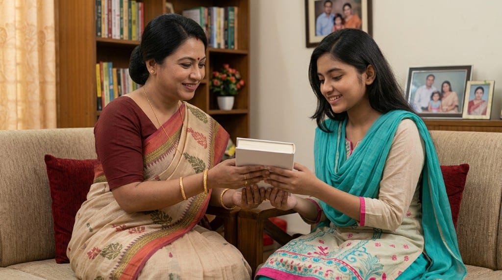 Older sister gifting a book to her younger sister